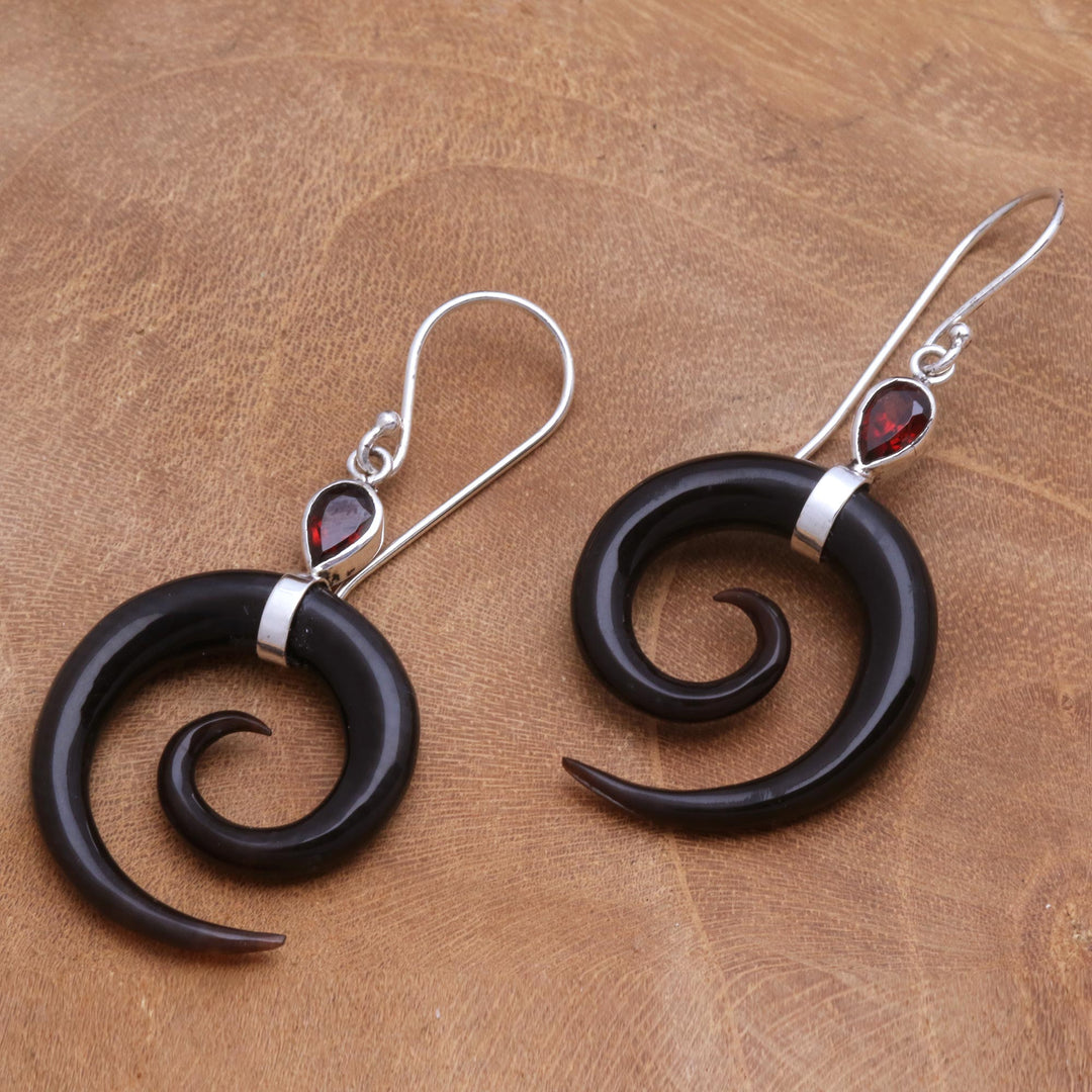 Swirl-Shaped Garnet and Dark Horn Dangle Earrings from Bali - Shadow Swirls