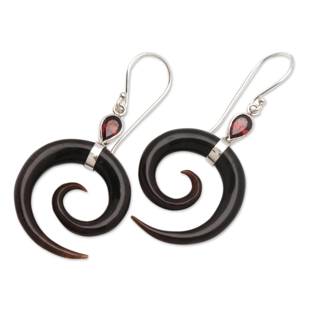 Swirl-Shaped Garnet and Dark Horn Dangle Earrings from Bali - Shadow Swirls