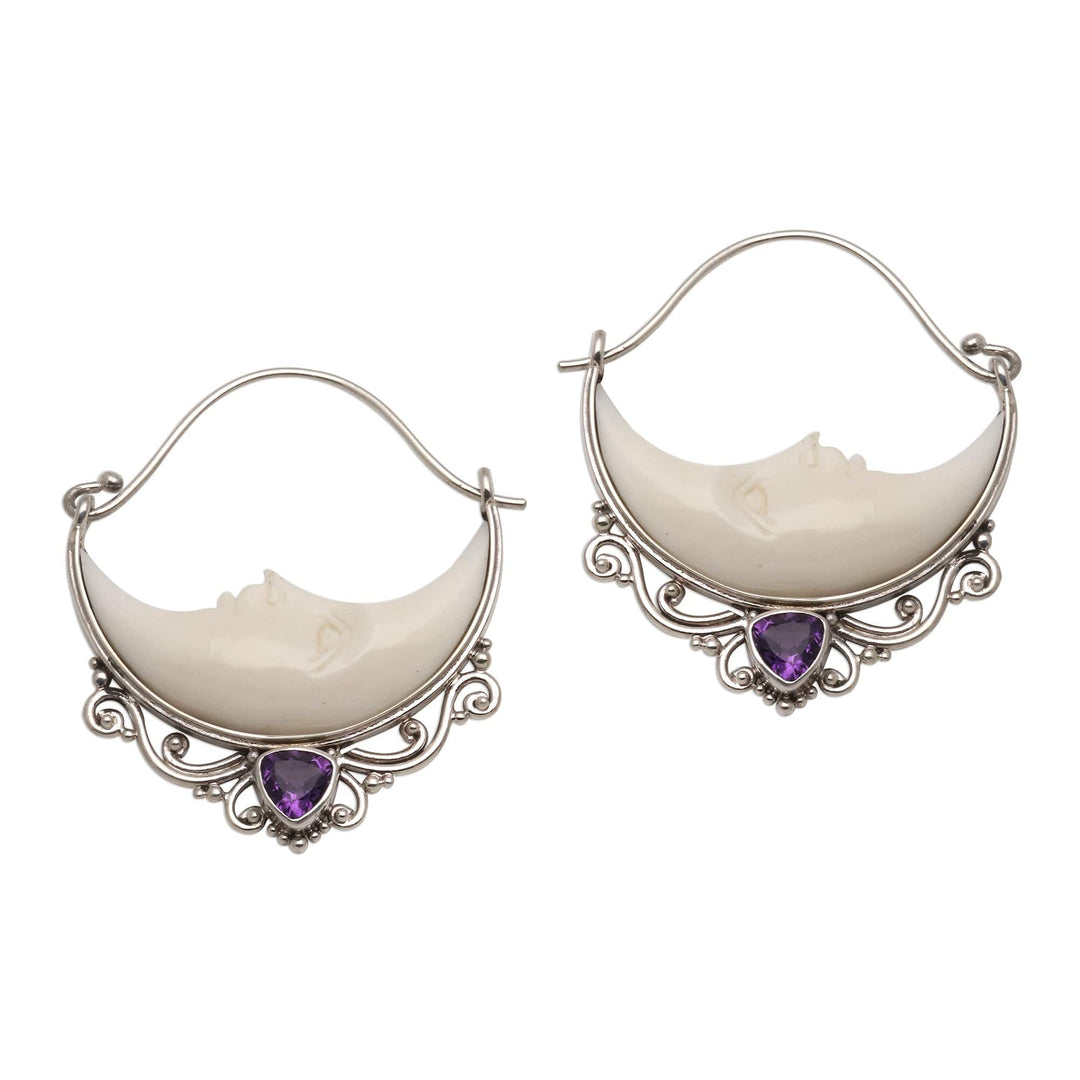 Amethyst Crescent Moon Hoop Earrings from Bali - Sleeping Moons