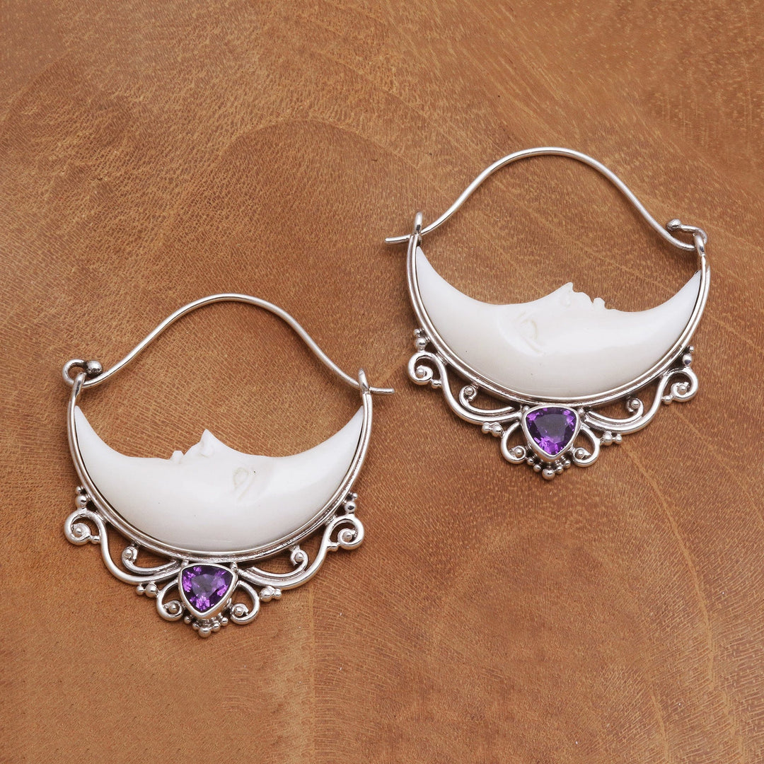 Amethyst Crescent Moon Hoop Earrings from Bali - Sleeping Moons