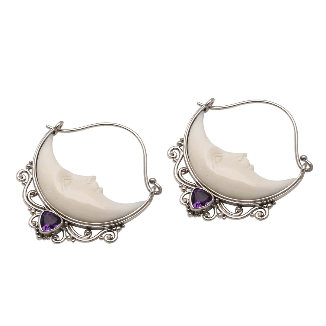 Amethyst Crescent Moon Hoop Earrings from Bali - Sleeping Moons