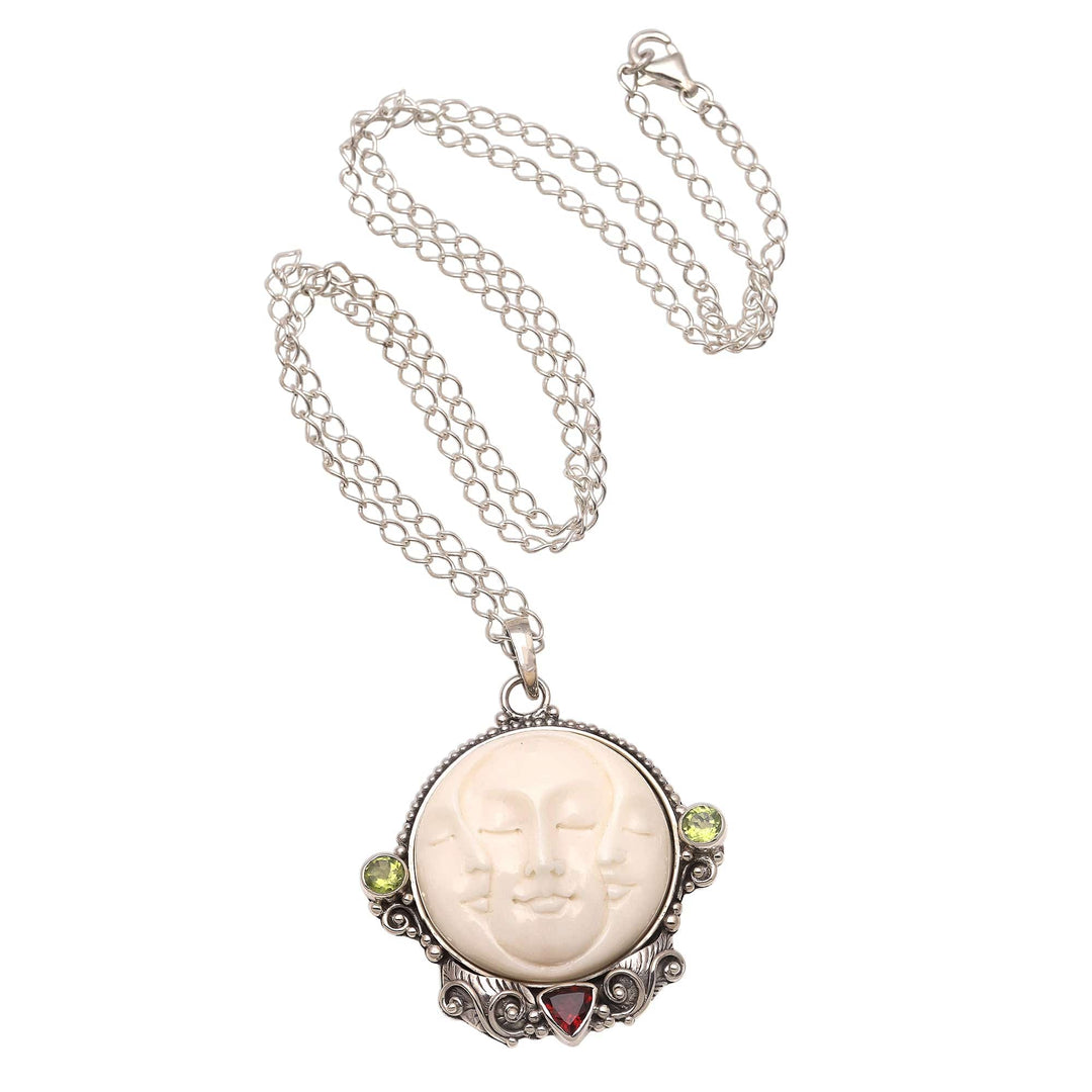 Peridot and Garnet Moon Pendant Necklace from Bali - Moon Ancestor