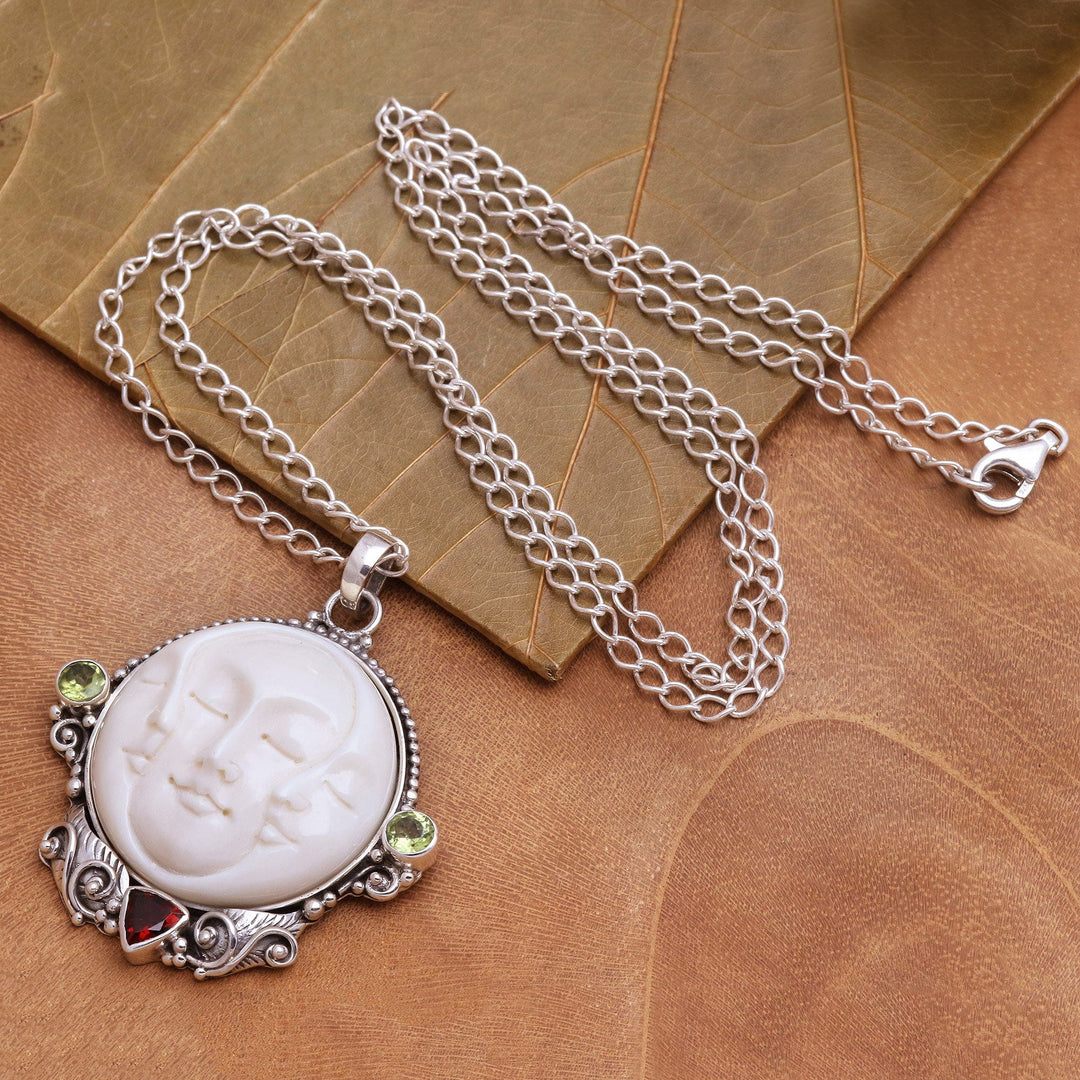 Peridot and Garnet Moon Pendant Necklace from Bali - Moon Ancestor