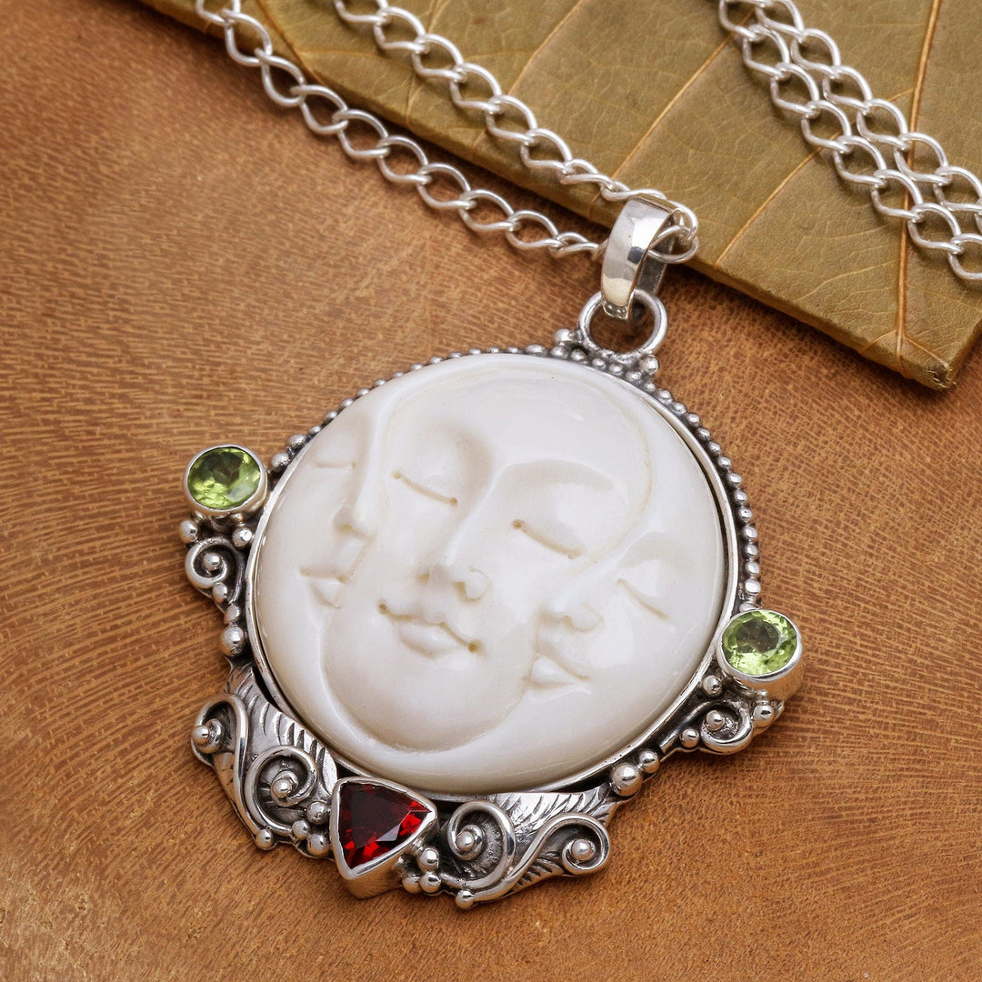 Peridot and Garnet Moon Pendant Necklace from Bali - Moon Ancestor
