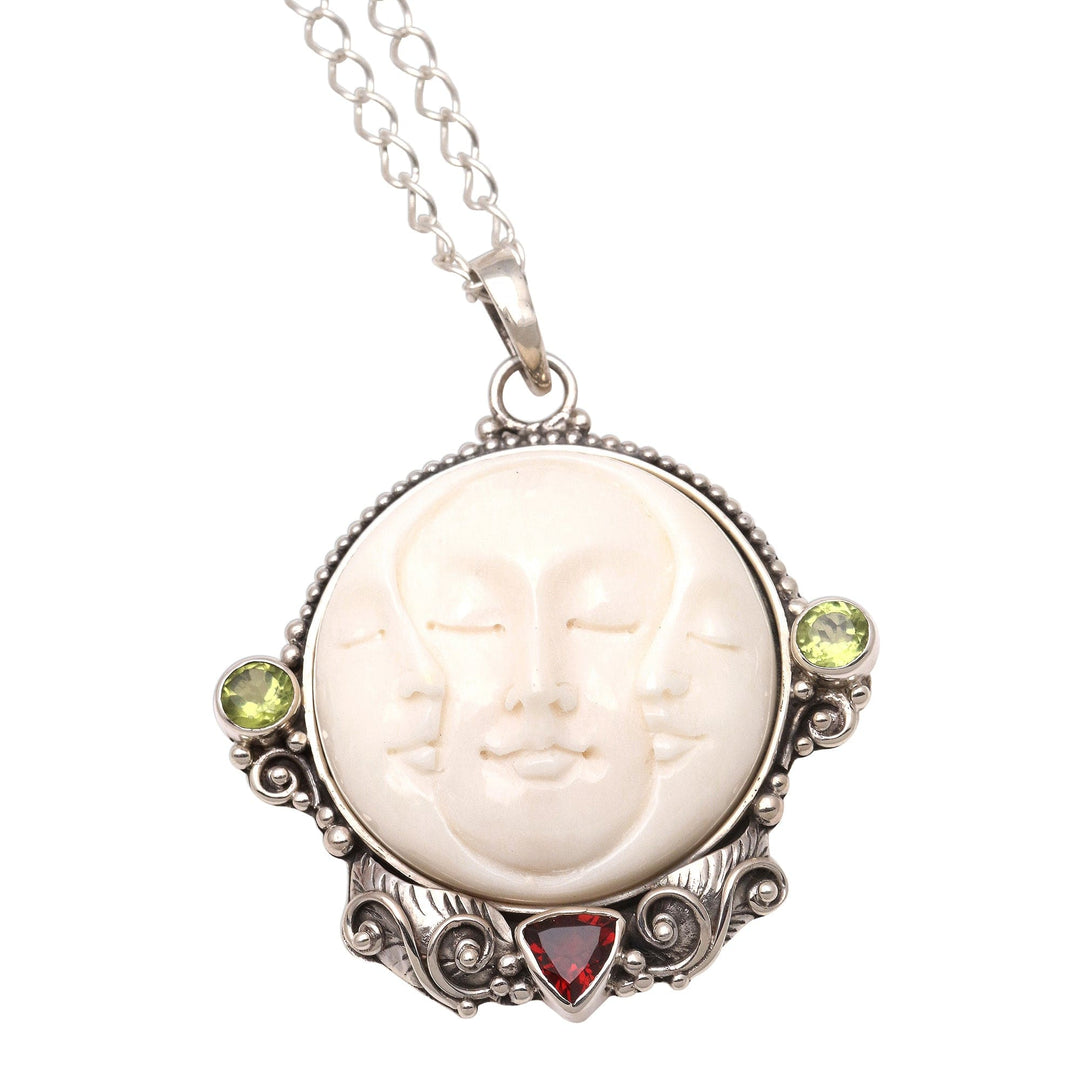 Peridot and Garnet Moon Pendant Necklace from Bali - Moon Ancestor