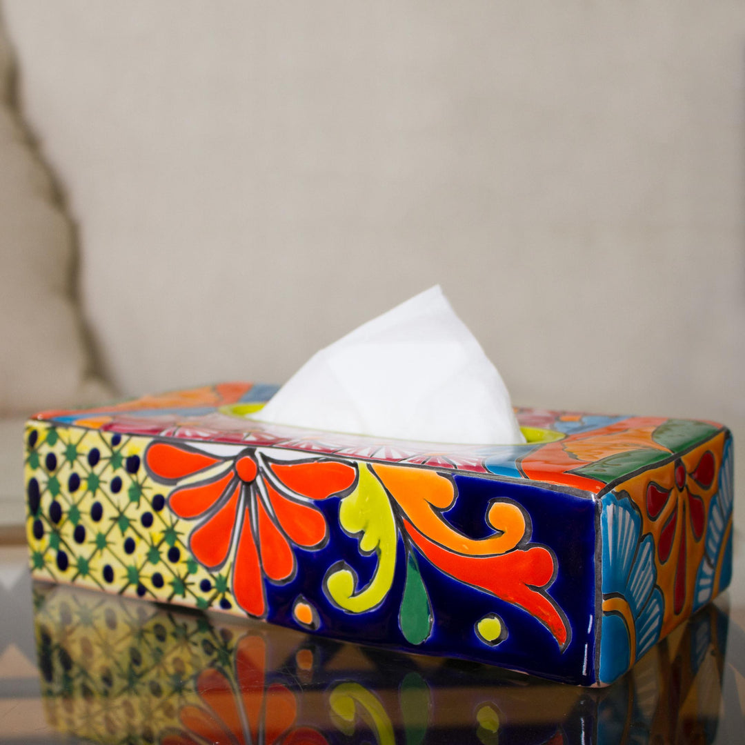 Floral Talavera-Style Ceramic Tissue Box Cover from Mexico - Hacienda Convenience