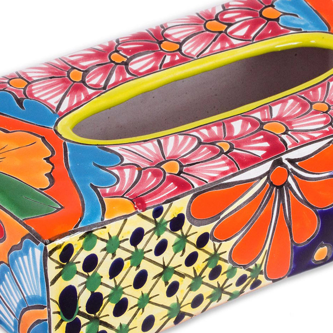 Floral Talavera-Style Ceramic Tissue Box Cover from Mexico - Hacienda Convenience