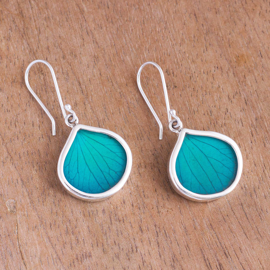 Drop-Shaped Natural Leaf Dangle Earrings in Aqua from Peru - Leaf Drops in Aqua