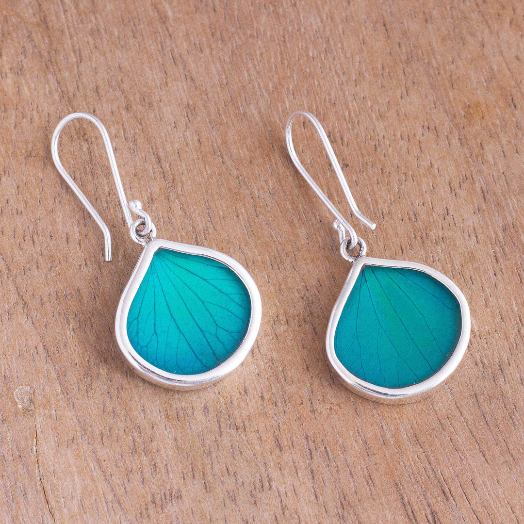 Drop-Shaped Natural Leaf Dangle Earrings in Aqua from Peru - Leaf Drops in Aqua