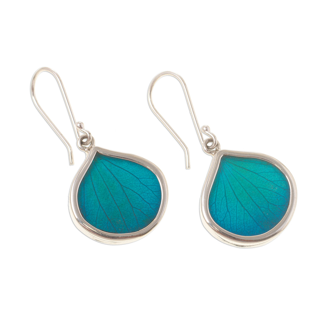 Drop-Shaped Natural Leaf Dangle Earrings in Aqua from Peru - Leaf Drops in Aqua