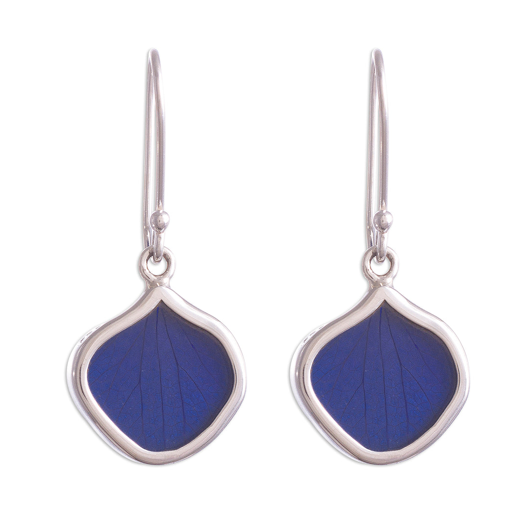 Drop-Shaped Natural Leaf Dangle Earrings in Blue fro Peru - Leaf Drops in Blue