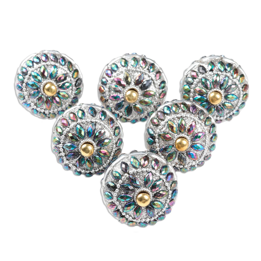 Iridescent Beaded Wood Drawer Knobs (Set of 6) - Rainbow Charm