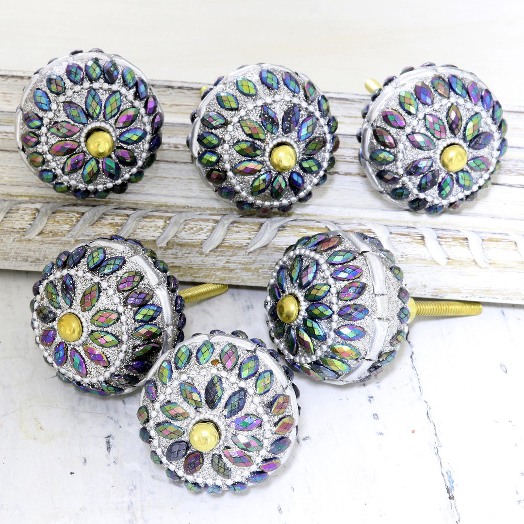 Iridescent Beaded Wood Drawer Knobs (Set of 6) - Rainbow Charm