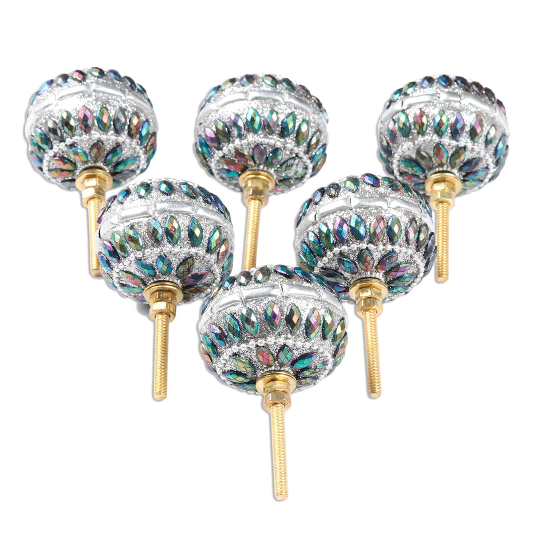 Iridescent Beaded Wood Drawer Knobs (Set of 6) - Rainbow Charm