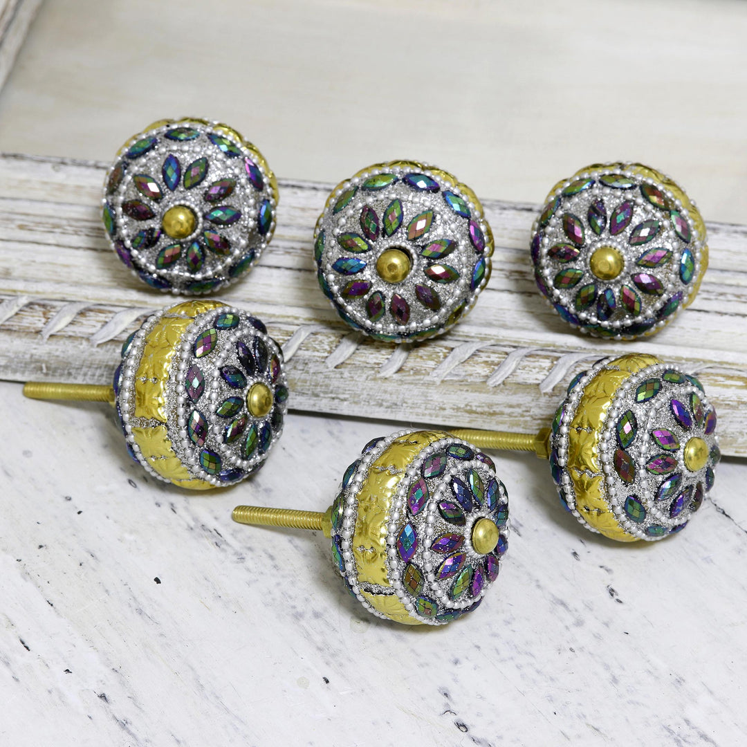 Glitzy Iridescent Beaded Drawer Pulls (Set of 6) - Floral Rainbow