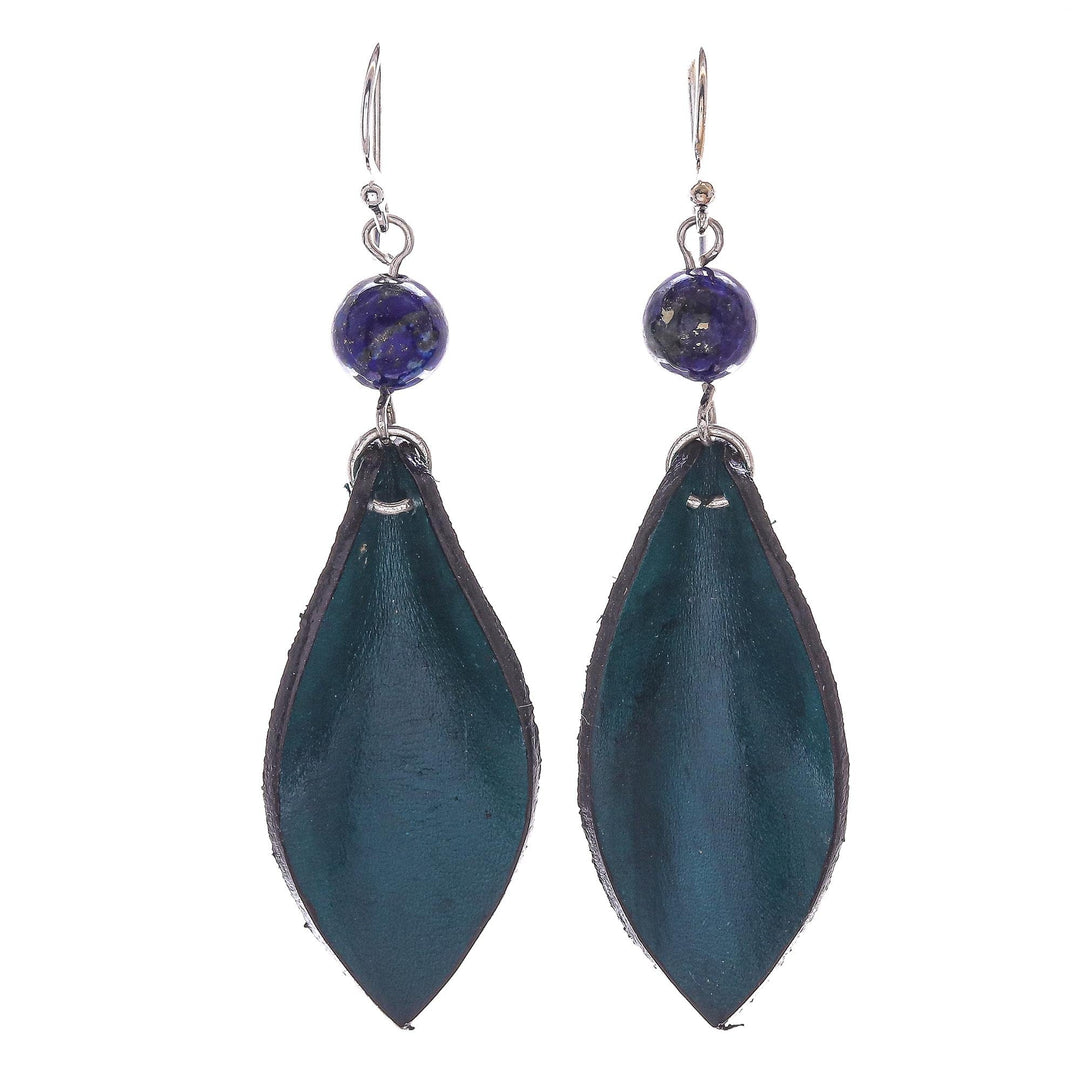 Blue-Green Leather and Lapis Lazuli Earrings - Supple Petals in Teal
