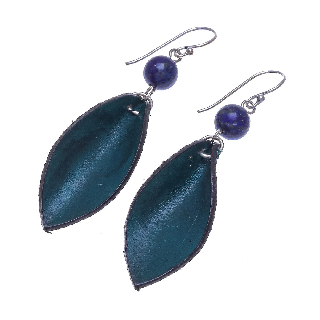 Blue-Green Leather and Lapis Lazuli Earrings - Supple Petals in Teal