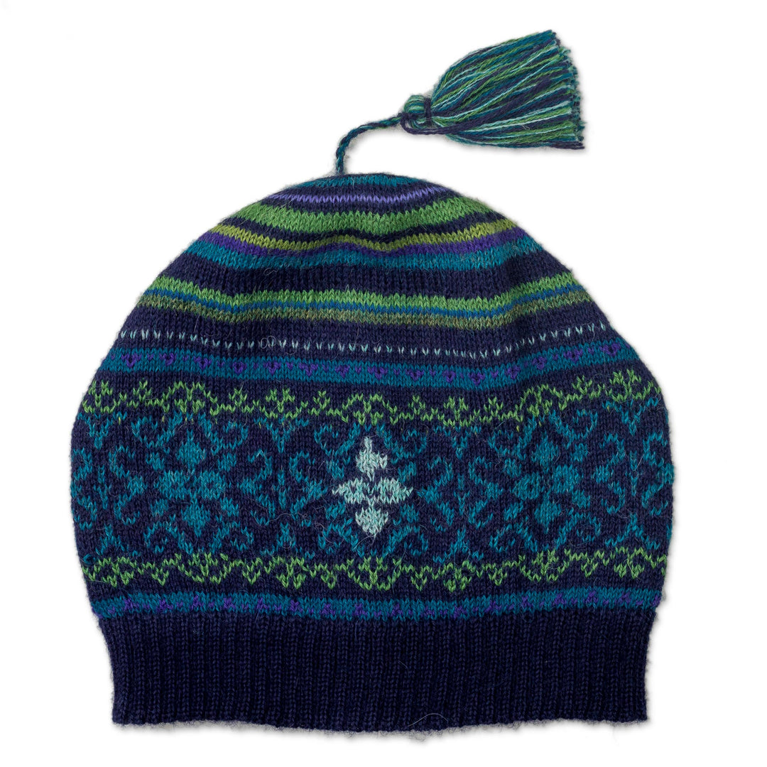 Blue and Green Knit 100% Alpaca Hat from Peru - Blue Turquoise