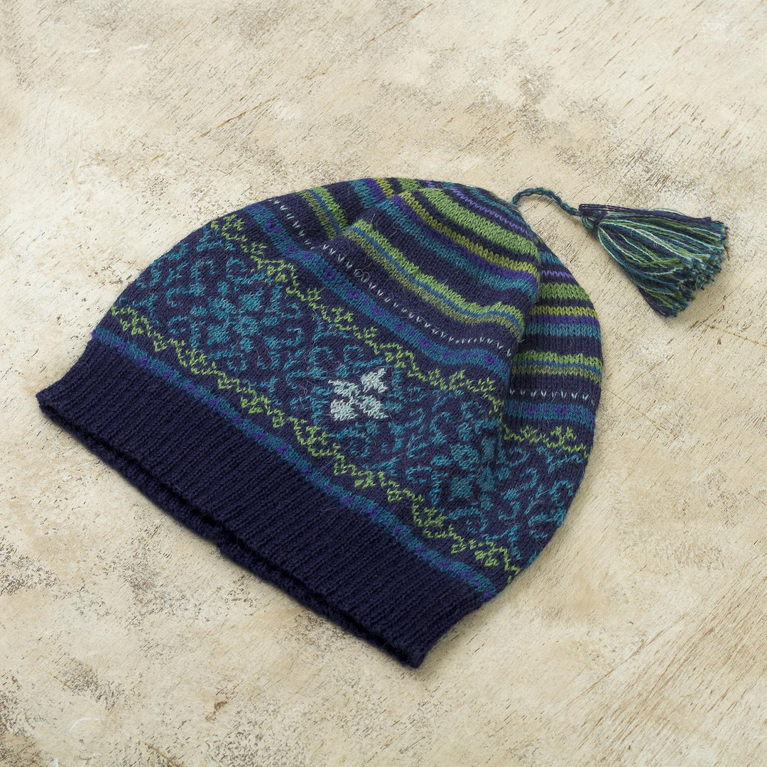 Blue and Green Knit 100% Alpaca Hat from Peru - Blue Turquoise