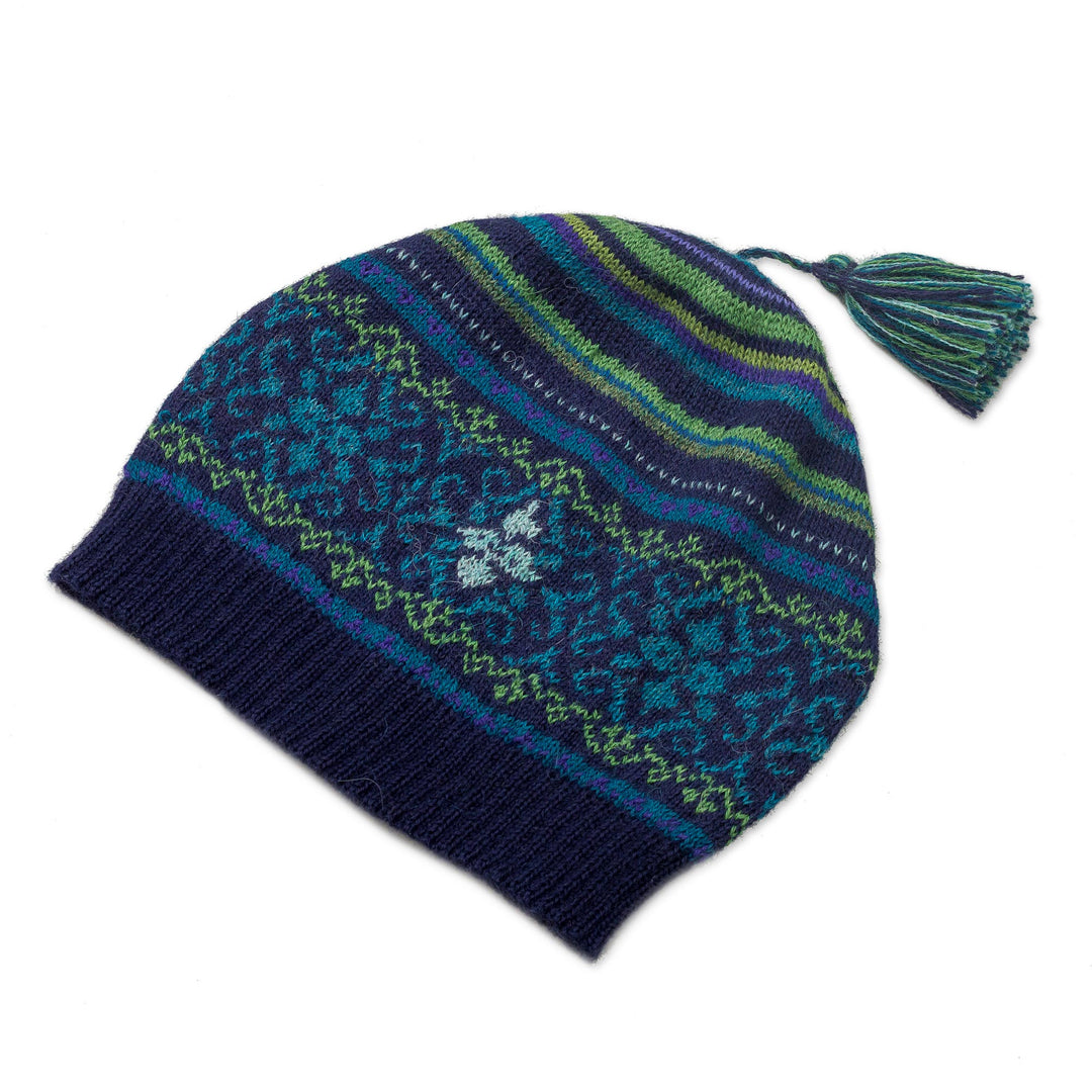 Blue and Green Knit 100% Alpaca Hat from Peru - Blue Turquoise