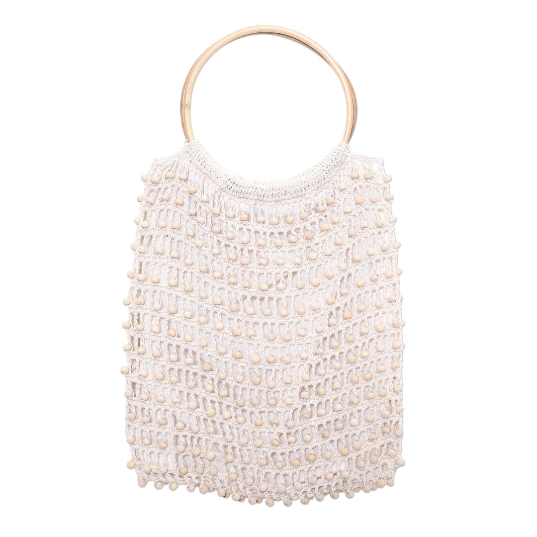 Crocheted White Beaded Handbag with Bamboo Handles - Circles in White