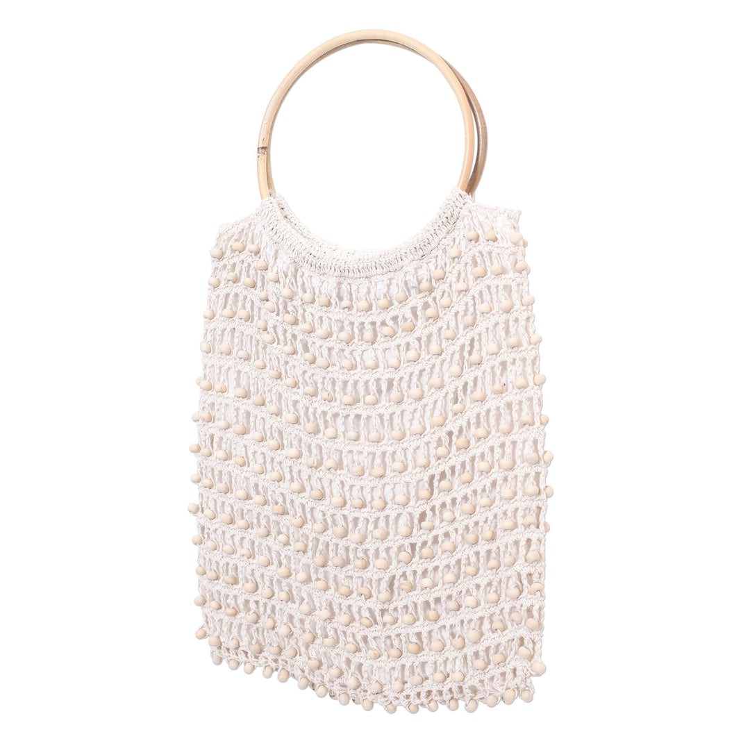 Crocheted White Beaded Handbag with Bamboo Handles - Circles in White
