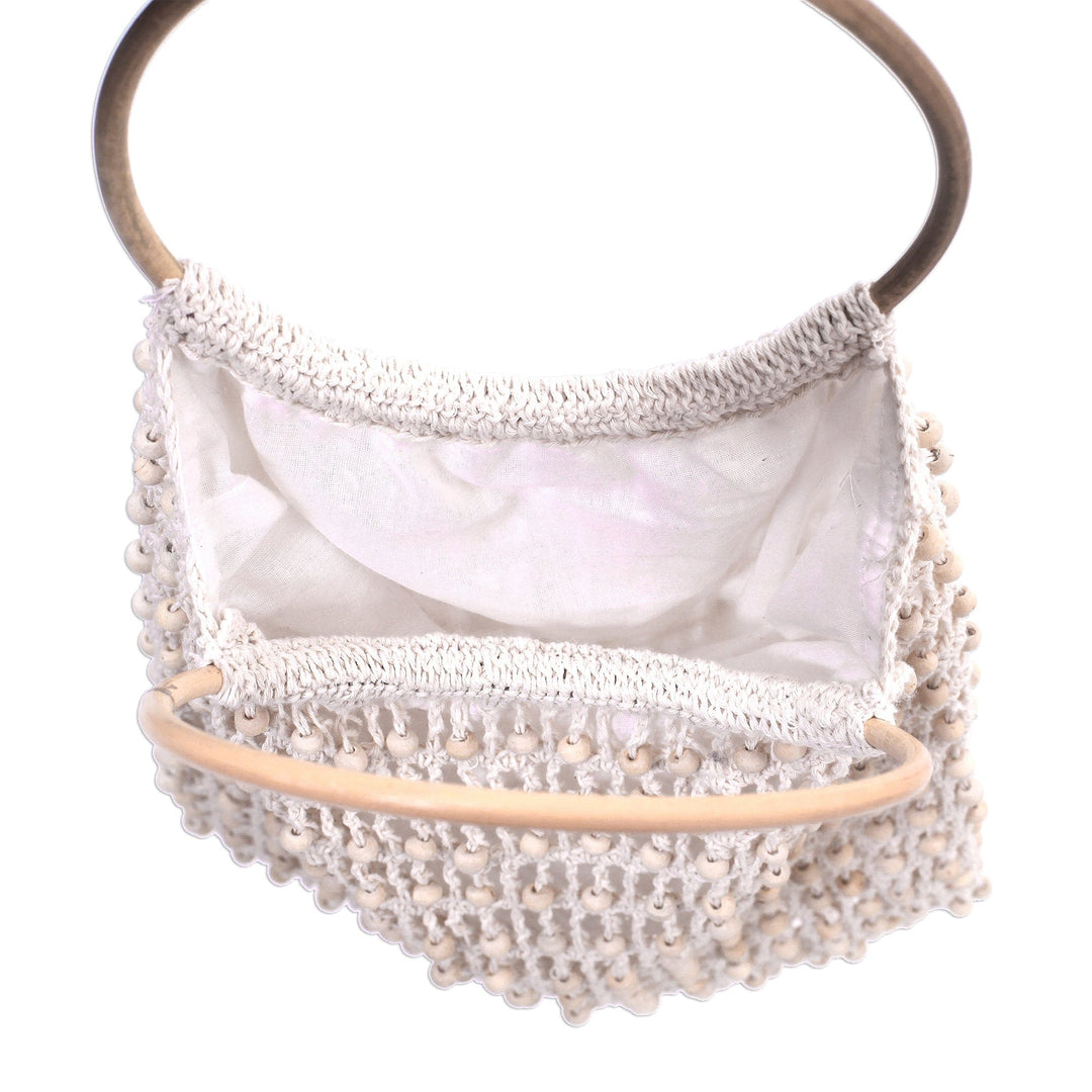 Crocheted White Beaded Handbag with Bamboo Handles - Circles in White