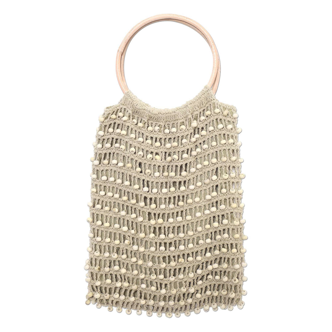 Crocheted Flax Beaded Handbag with Bamboo Handles - Circles in Beige