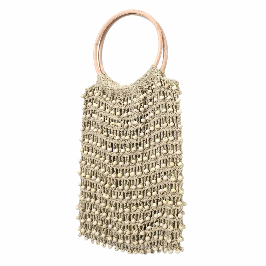 Crocheted Flax Beaded Handbag with Bamboo Handles - Circles in Beige