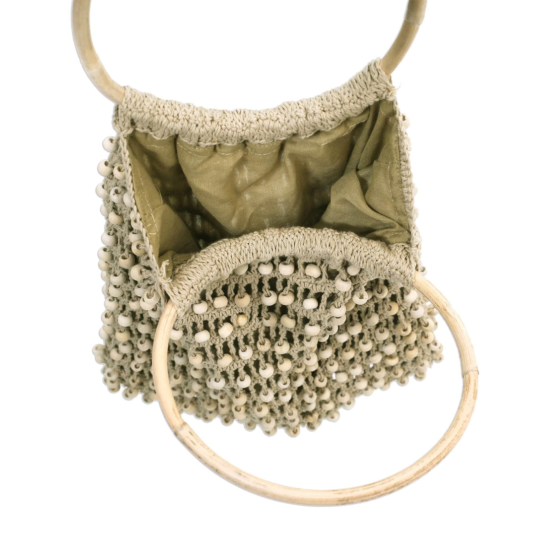 Crocheted Flax Beaded Handbag with Bamboo Handles - Circles in Beige