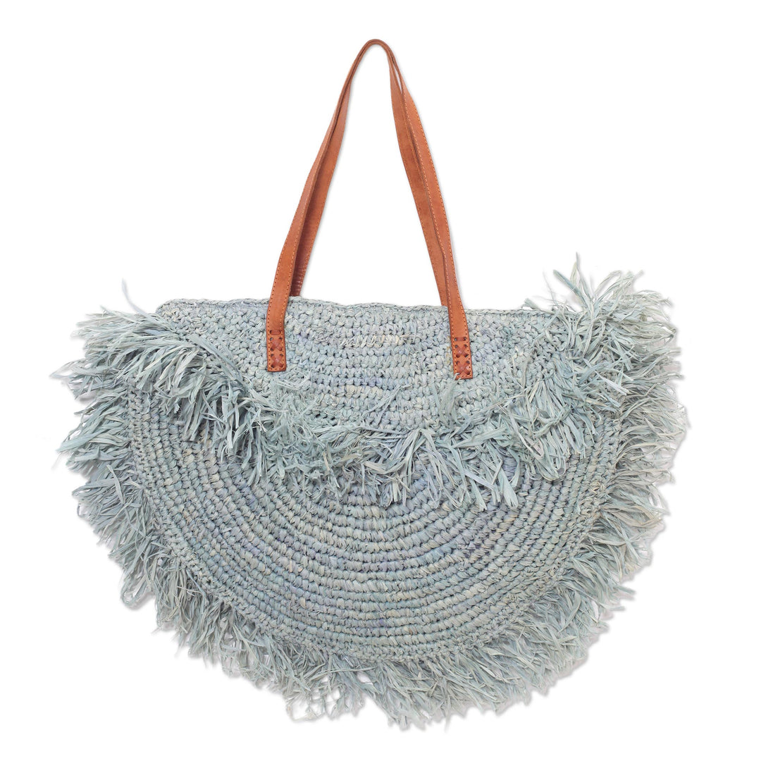 Handwoven Pineapple Leaf Shoulder Bag with Leather Straps - Green Crescent