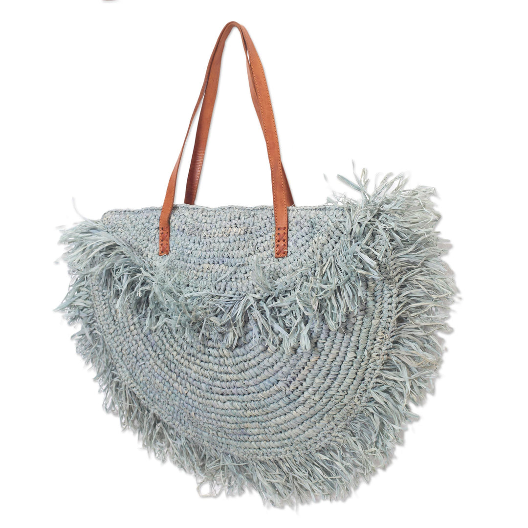 Handwoven Pineapple Leaf Shoulder Bag with Leather Straps - Green Crescent