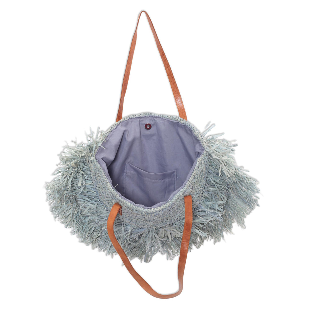 Handwoven Pineapple Leaf Shoulder Bag with Leather Straps - Green Crescent