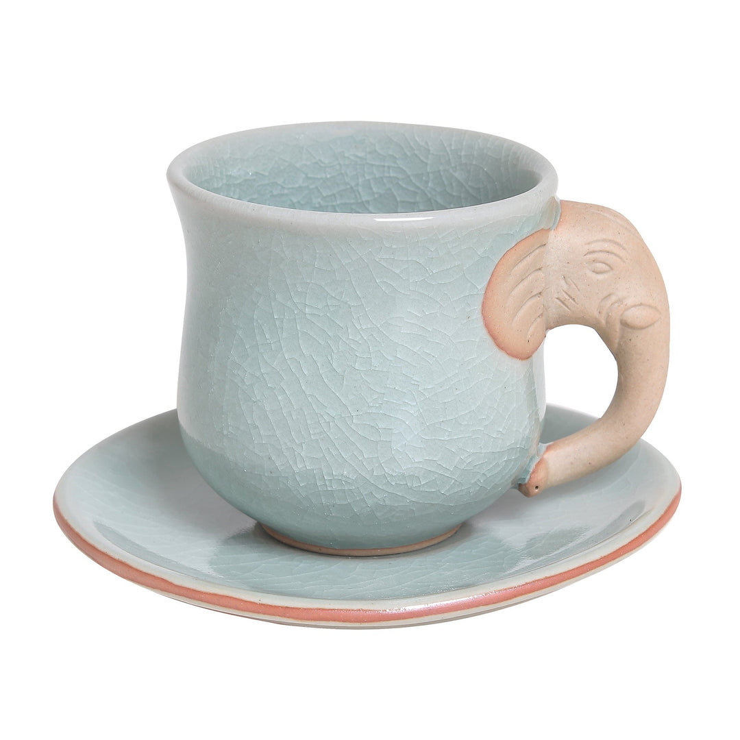 Aqua Celadon Cup and Saucer with Elephant Motif - Elephant Gaze