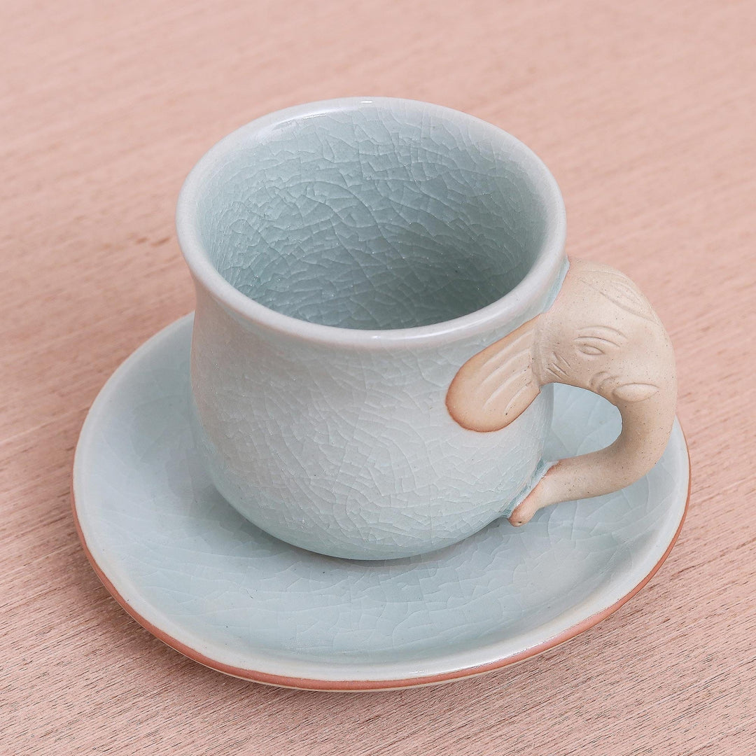 Aqua Celadon Cup and Saucer with Elephant Motif - Elephant Gaze