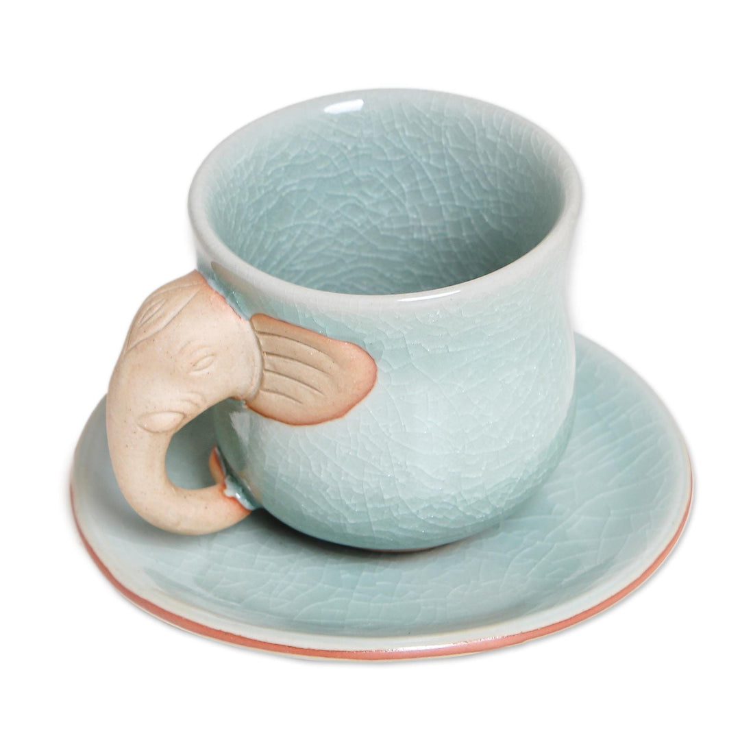 Aqua Celadon Cup and Saucer with Elephant Motif - Elephant Gaze