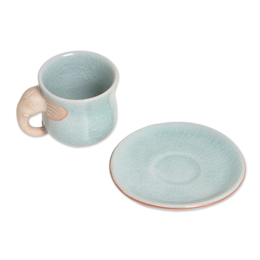 Aqua Celadon Cup and Saucer with Elephant Motif - Elephant Gaze