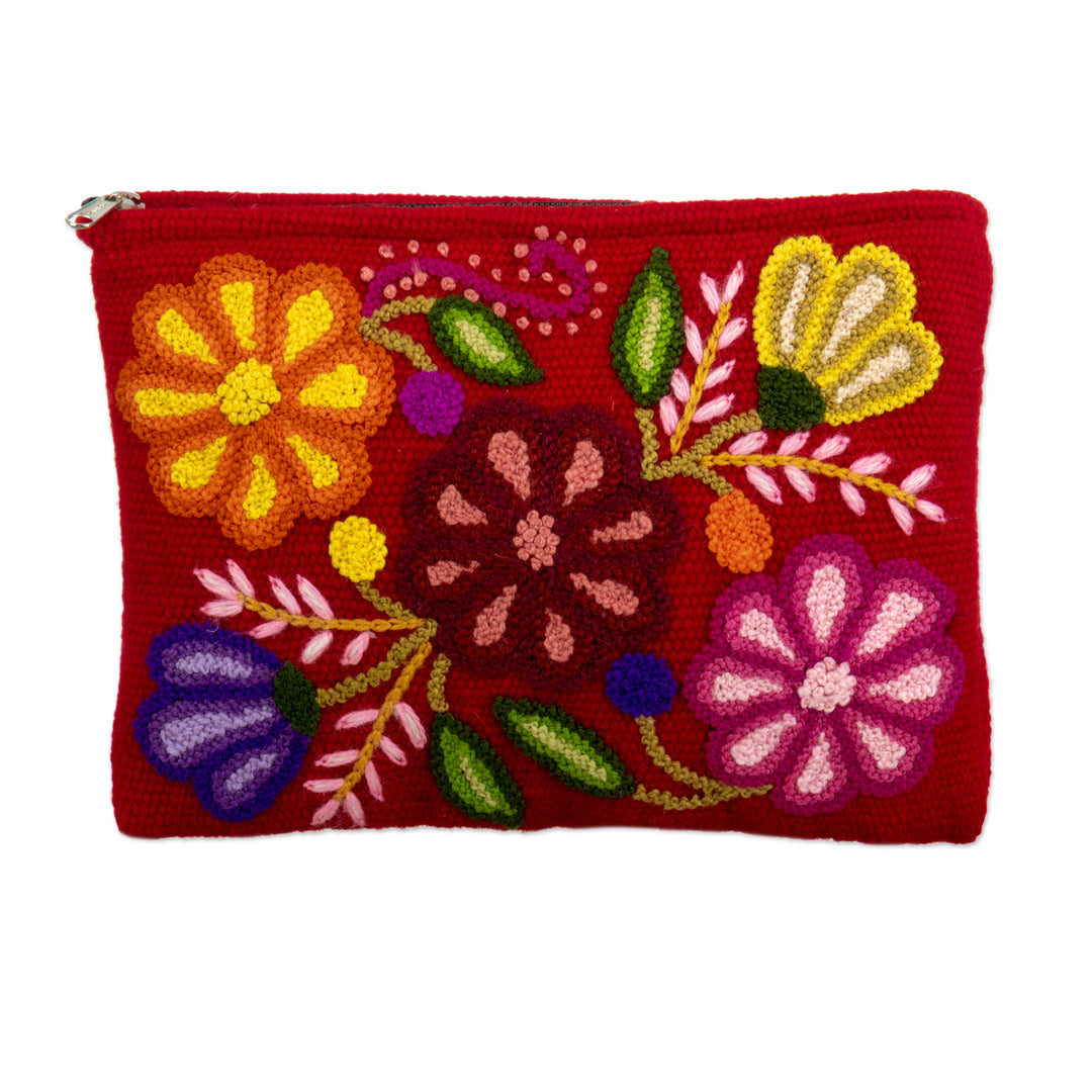 Hand Embroidered Wine Red Wool Cosmetic Bag - Highland Wine