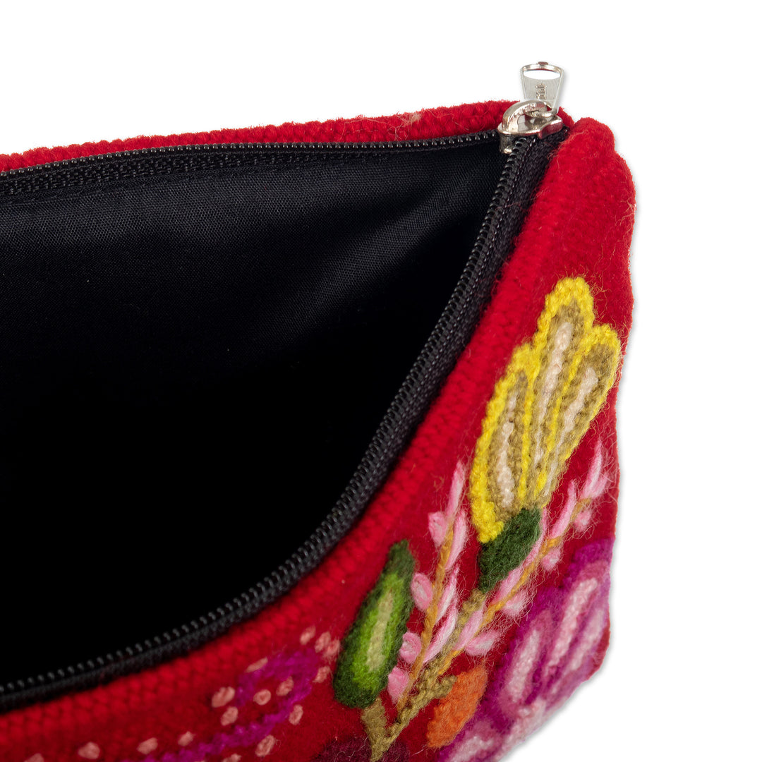 Hand Embroidered Wine Red Wool Cosmetic Bag - Highland Wine