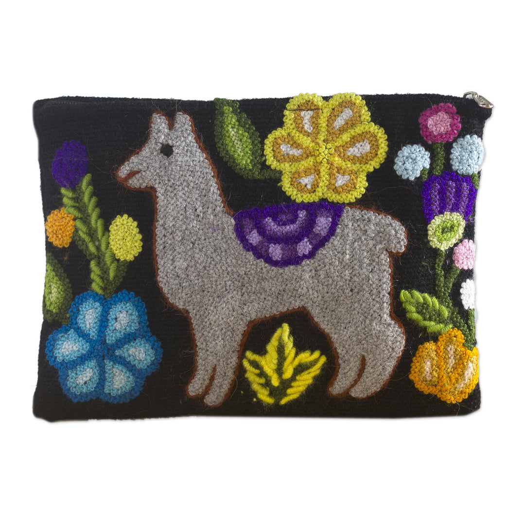 Llama Motif Black Wool Cosmetic Bag from Peru - Llama Glam in Grey