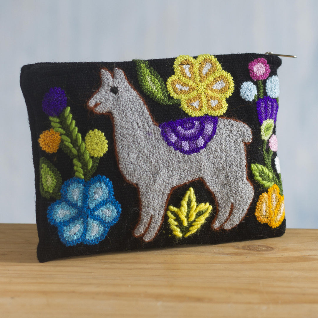 Llama Motif Black Wool Cosmetic Bag from Peru - Llama Glam in Grey