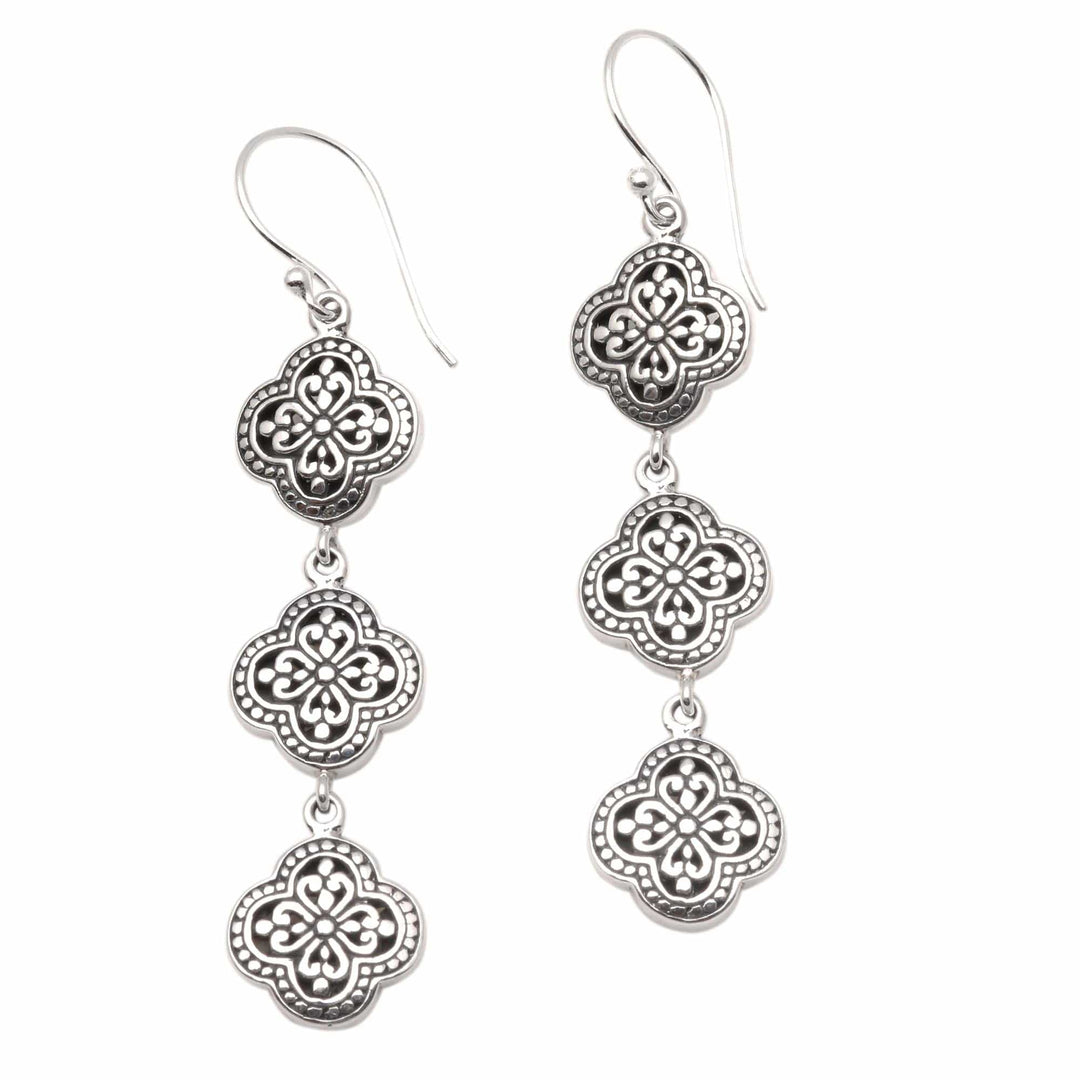 Artisan Crafted Sterling Silver Dangle Earrings - Four-Petaled Flowers