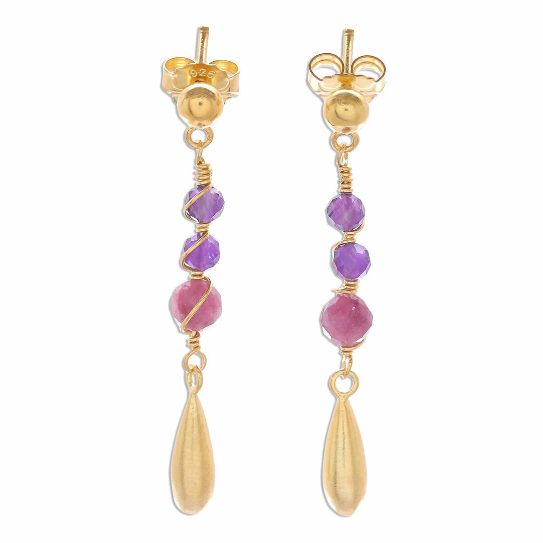 Gold Plated Tourmaline and Amethyst Dangle Earrings - Aria