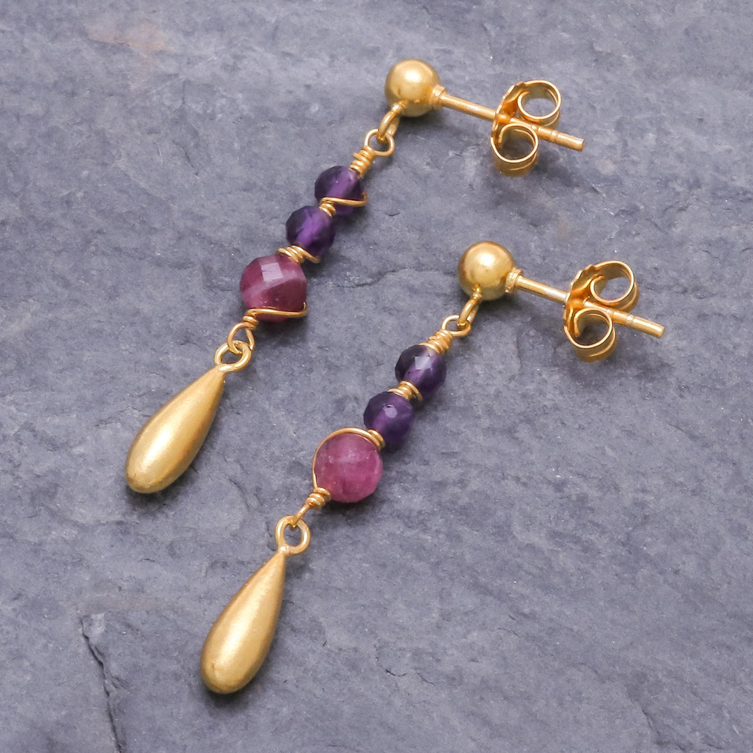 Gold Plated Tourmaline and Amethyst Dangle Earrings - Aria