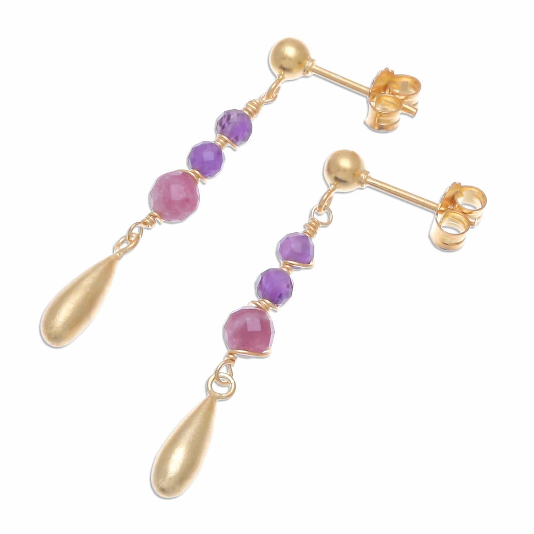 Gold Plated Tourmaline and Amethyst Dangle Earrings - Aria