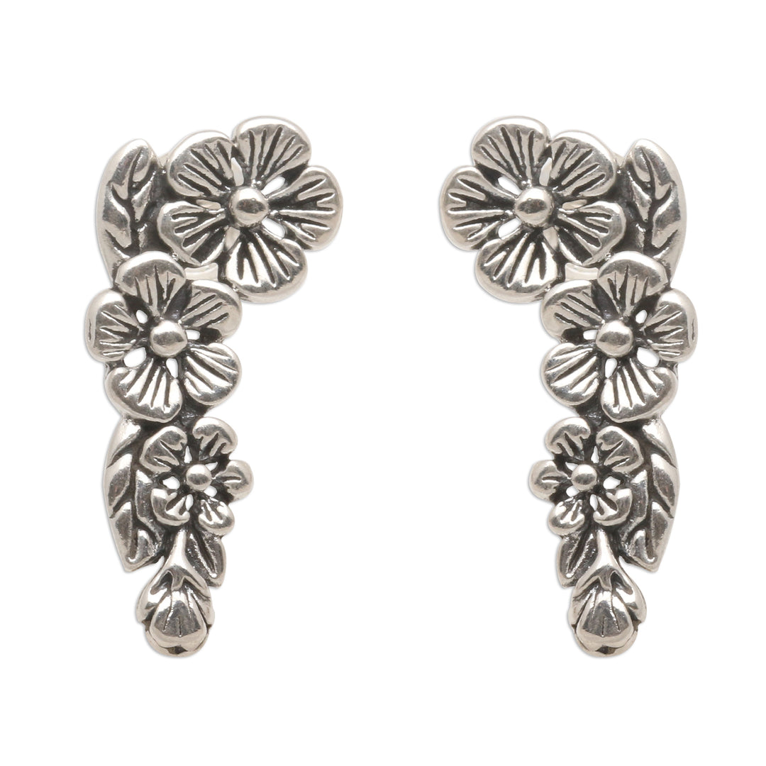 Modern Balinese Sterling Silver Floral Ear Climber Earrings - Tropical Allamanda