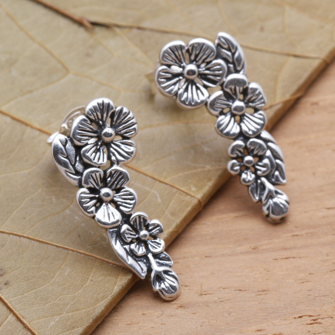 Modern Balinese Sterling Silver Floral Ear Climber Earrings - Tropical Allamanda