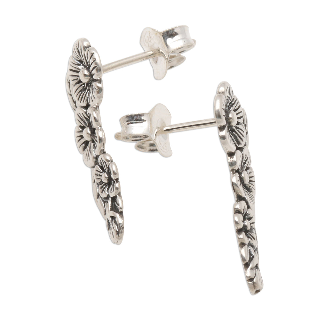Modern Balinese Sterling Silver Floral Ear Climber Earrings - Tropical Allamanda