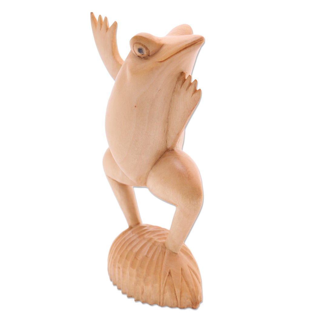 Artisan Crafted Wood Frog Statuette from Bali - Flamboyant Frog