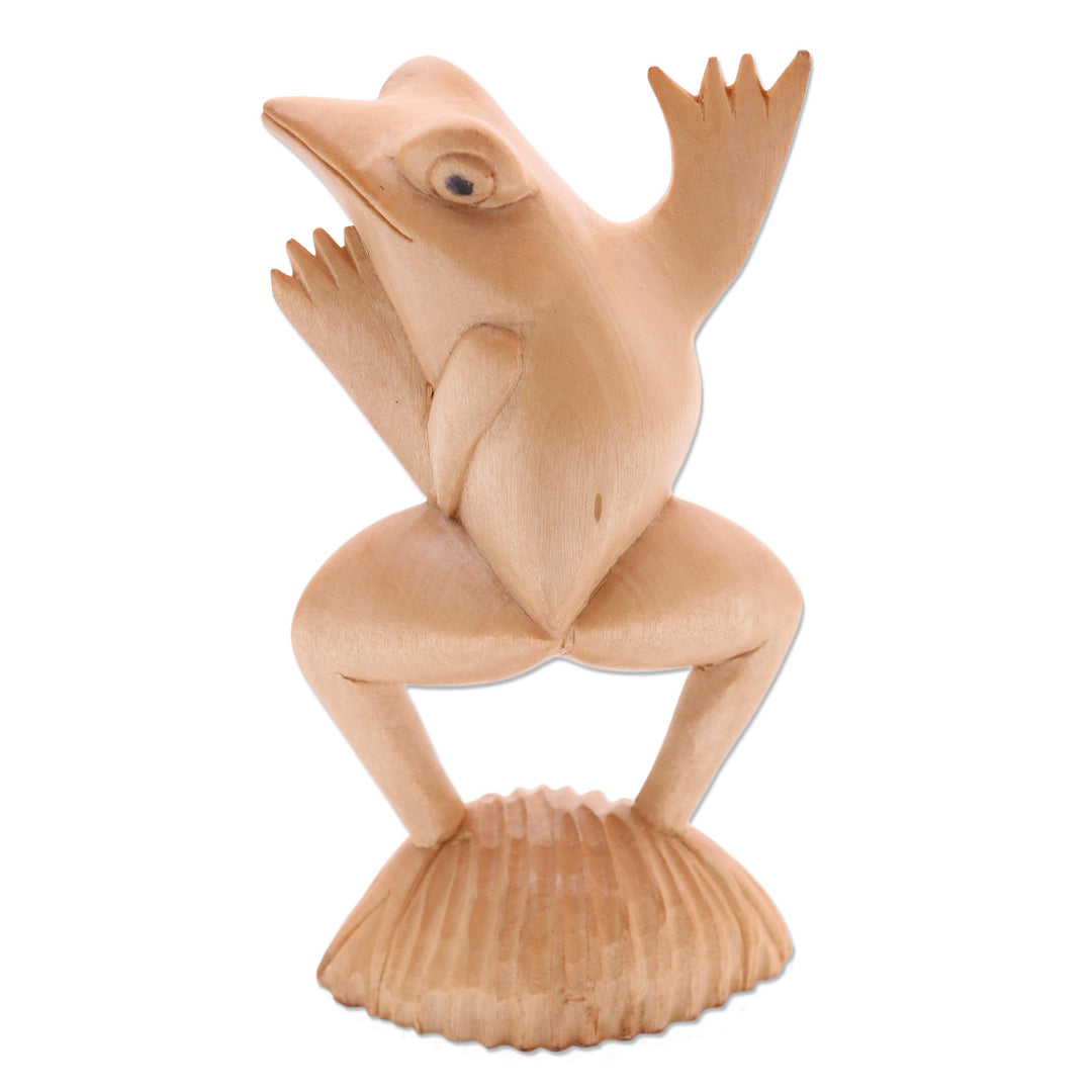 Artisan Crafted Wood Frog Statuette from Bali - Flamboyant Frog